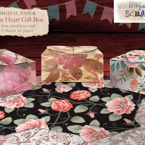 4 diseños de cajas de regalo con forma de corazón - Tema de rosas - Papeles digitales - Caja de regalo de boda - Caja con forma de corazón - Descarga digital - Plantilla imprimible