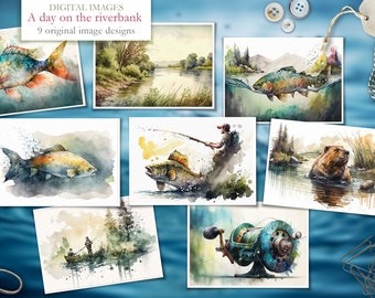 Fishing - A day on the river bank - 9 themed Images - digital download Images - Digital Scrapbook - Winter - Clip art - Fishing rod