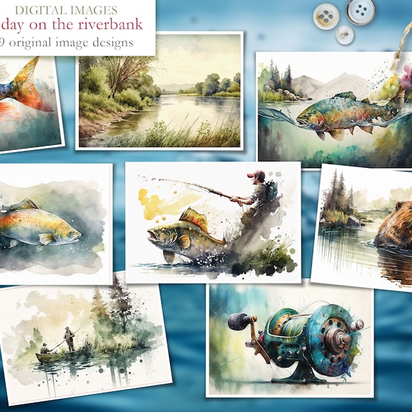 Fishing - A day on the river bank - 9 themed Images - digital download Images - Digital Scrapbook - Winter - Clip art - Fishing rod