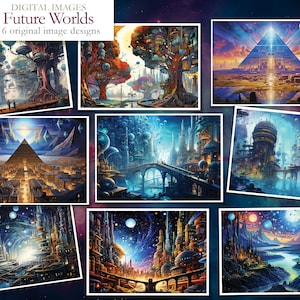 May include: A collage of nine digital images depicting futuristic cityscapes. The images feature a variety of architectural styles, including towering skyscrapers, floating cities, and futuristic vehicles. The images are set against a backdrop of stars and planets.