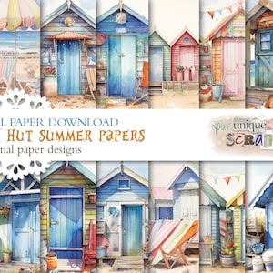 Beach Hut Summer - 14 themed digital paper - Victorian beach huts - Scrapbooking journal Paper - digital download - seaside holiday