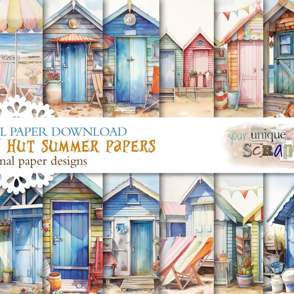 Beach Hut Summer - 14 themed digital paper - Victorian beach huts - Scrapbooking journal Paper - digital download - seaside holiday