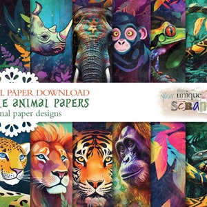 Jungle animal&#39;s - 12 themed papers - Vibrant illustrations - digital download Paper - scrapbooking - Digital Scrapbook