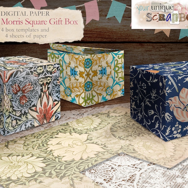 4 Square gift box designs - William Morris theme - digital papers - Wedding Favour box - Cube box - digital download - Printable template