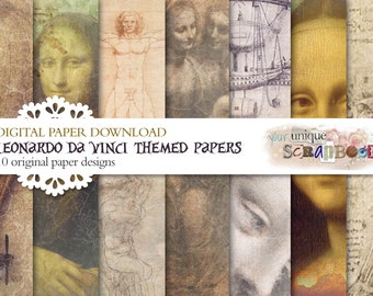 Leonardo da Vinci - 10 papeles - Papel para scrapbooking - Descarga digital - Scrapbook digital - Papel imprimible para manualidades