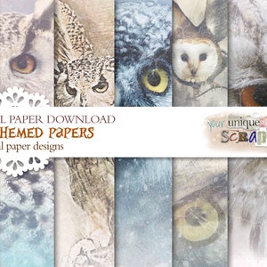 Owls - 8 themed papers -  Scrapbooking journal Paper - vintage themed - digital download - Digital Scrapbook