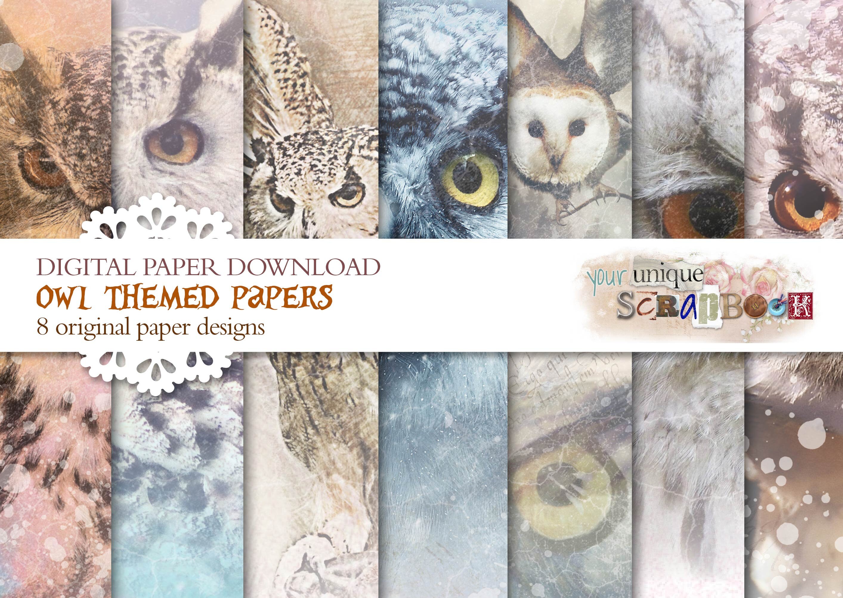 Owls - 8 themed papers -  Scrapbooking journal Paper - vintage themed - digital download - Digital S