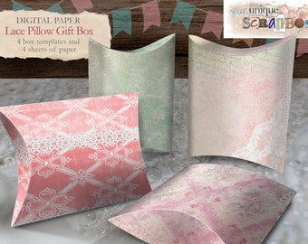 4 Lace Theme Pillow Gift box designs - digital papers - Lace - Pillow box - digital download - Printable template
