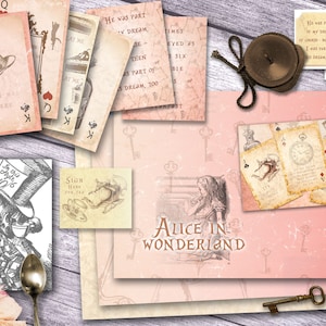 Alice in Wonderland - Dusty Pink Scrapbooking journal Paper - vintage themed - digital download - Digital Scrapbook - Printable Craft paper