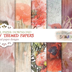 Poppy flowers - 10 themed digital papers -  Scrapbooking journal Paper - digital download - Digital Scrapbook - Printable Craft paper