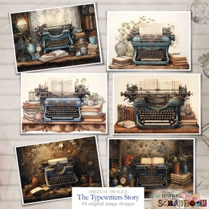 May include: A collection of digital images featuring vintage typewriters, books, and flowers. The images are in a vintage style and have a warm, inviting feel. The text "The Typewriters Story" is displayed at the bottom of the image.