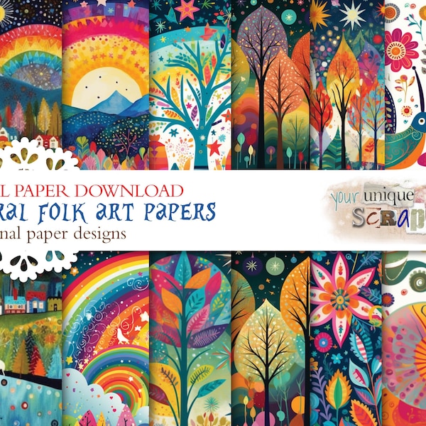 Nature Folk Art - 12 themed papers - Scrapbooking - digital download Paper - Digital Scrapbook - Journal - Clip art