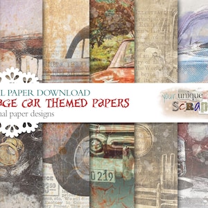 Vintage Car - 12 themed digital paper downloads - Rustic grunge theme - Scrapbooking journal Paper - Printable Craft paper
