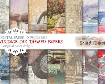 Vintage Car - 12 themed digital paper downloads - Rustic grunge theme - Scrapbooking journal Paper - Printable Craft paper