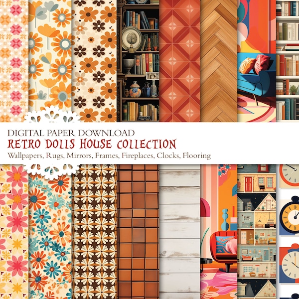 Retro House Collection - Vintage style - 25 pages of digital images -  Dolls House Kit - digital download - Crafting paper