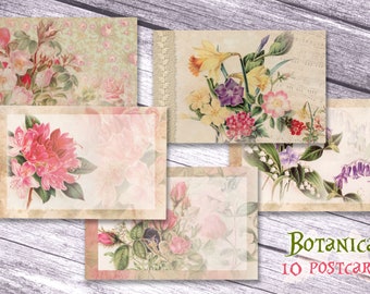 10 Botanical flower themed postcards - Scrapbooking journal Paper - digital download - Digital Scrapbook - Printable Craft paper