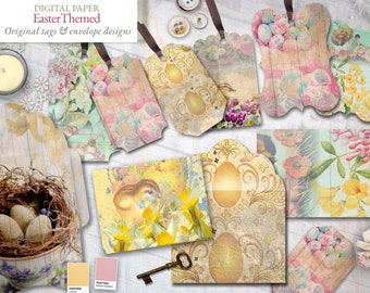 Easter themed gift tags and envelopes - 48 Tags and 6 envelopes - Scrapbooking journal Paper - digital download