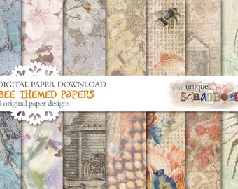 Bee theme - 8 digital papers -  Scrapbooking journal Paper - digital download - Printable Craft paper -Junk journaling