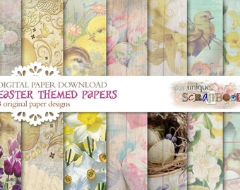 Easter themed BUNDLE - 8 digital papers, 48 gift tags and 6 envelopes - Scrapbooking journal Paper - digital download