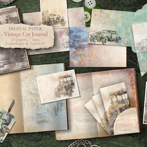 Vintage Car Journal - 14 papers, 7 tags, 3 envelopes & 3 pockets - digital download - Digital Paper - scrapbooking papers - Journal papers