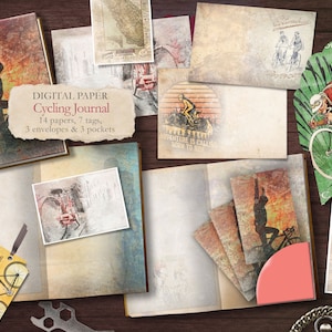 Cycling Journal - 14 fogli, 7 biglietti/etichette, 3 buste e tasche - Aspetto vintage - download digitale - Album digitale - Carta digitale