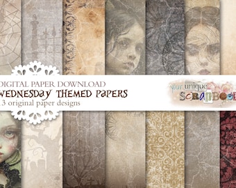 Wednesday Addams - 13 themed digital paper - Vintage paper theme - Scrapbooking journal Paper - digital download - Addams Family