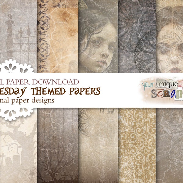 Wednesday Addams - 13 themed digital paper - Vintage paper theme - Scrapbooking journal Paper - digital download - Addams Family