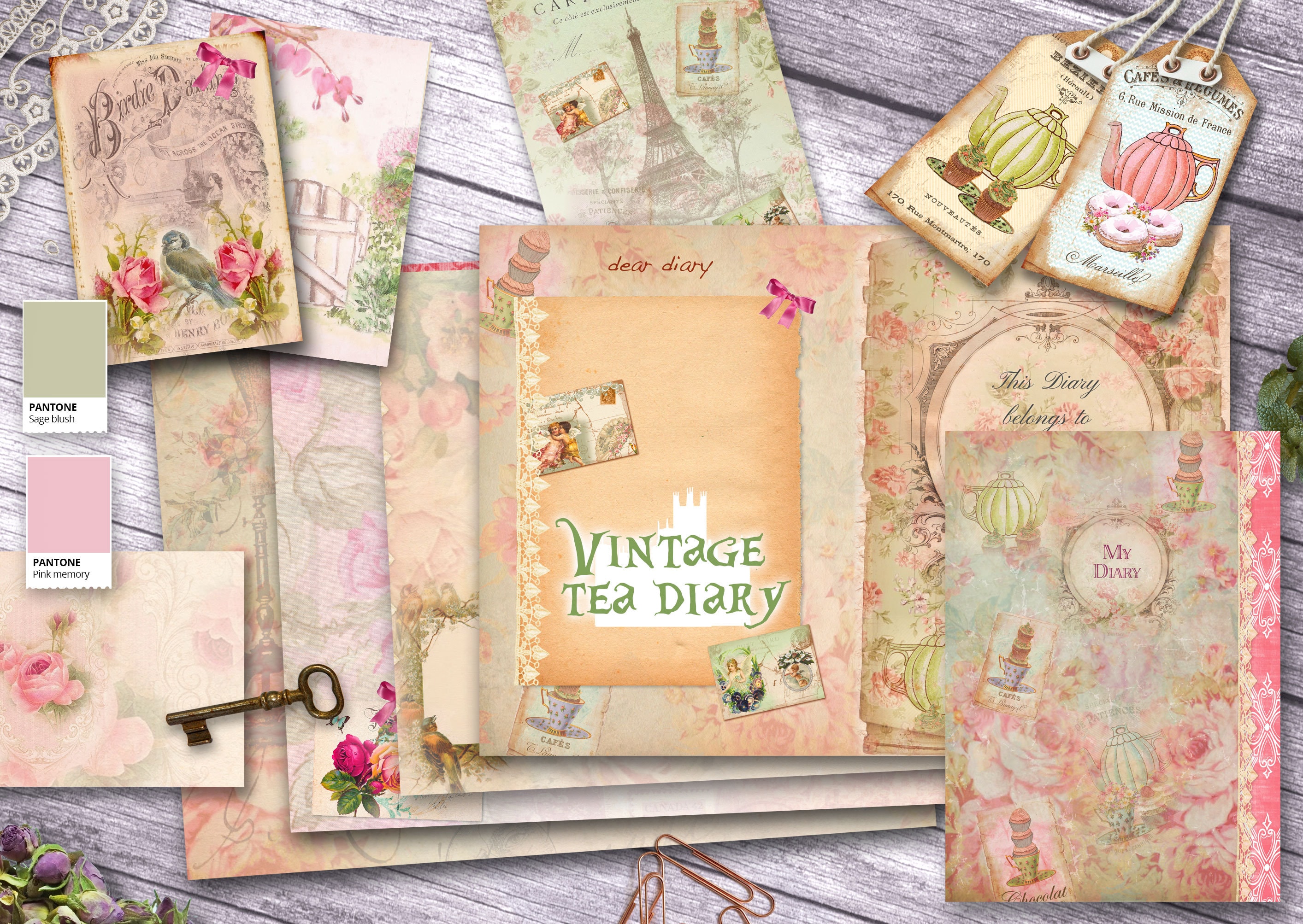 Vintage Tea Diary Scrapbooking Journal Paper Vintage Themed Digital