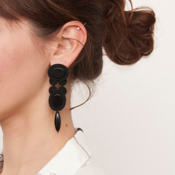 Black statement earrings - black onyx long earrings - black contemporary earrings - extra large black dangle stud