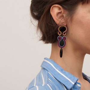 Long dangle earrings - soutache jewelry. Black onyx, soutache earrings by manja