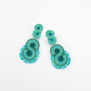 Turquoise statement earrings - mint soutache jewelry. Turquoise earrings studs - Swarovski beaded jewelry.