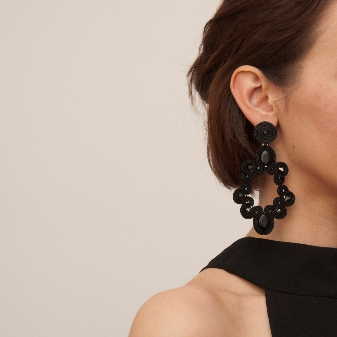 Black Soutache Earrings Big Black Earrings Art Nouveau Etsy