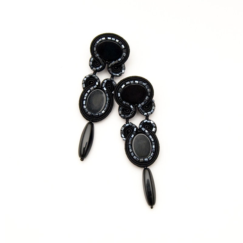 Black Elegant Earrings Soutache Jewelry Long Black Onyx - Etsy