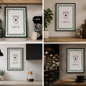 May include: A rectangular wall art print in a black frame featuring a white background with a green and white checkered border. The center displays a black line drawing of a coffee cup with a heart icon and the text "Coffi Plis" below it.