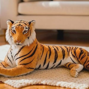 Puede incluir: Un peluche de tigre con pelaje realista de rayas naranjas y negras, vientre y marcas faciales blancas, y ojos de color ámbar. El animal de peluche se muestra en una posición de descanso, tumbado, con las patas delanteras extendidas hacia adelante.