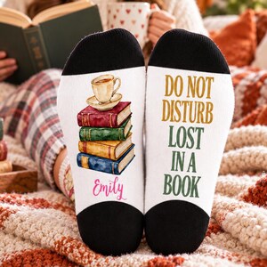 Personalized Do Not Disturb Lost In A Book Sock, Custom Name Book Lover Footwear, Cozy Gift For Librarian Bookworm Reader, Xmas Season Gift