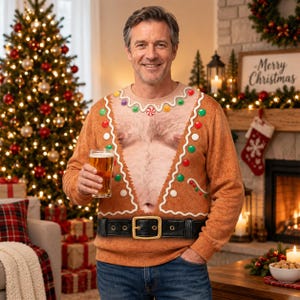 May include: A tan long-sleeve sweatshirt featuring a printed gingerbread man design with a realistic hairy chest graphic, white icing trim, colorful candy accents, and a black belt with a gold buckle, worn with blue denim jeans and holding a glass of beer.