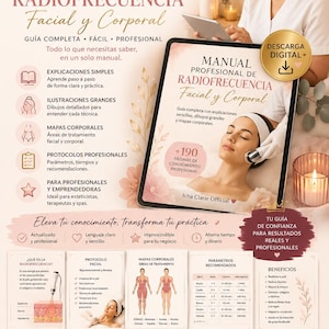 May include: A digital professional radiofrequency manual for facial and body treatments. The document features text, diagrams, and body maps for aesthetic procedures, including sections on protocols, parameters, and benefits for professional use.