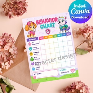 May include: A behavior chart featuring cartoon dogs, the text BEHAVIOR CHART, and columns for days of the week. The chart includes rows for tasks like Be Respectful, Follow Directions, Use Kind Words, Stay Focused, Be a Good Friend, and Keep It Clean.