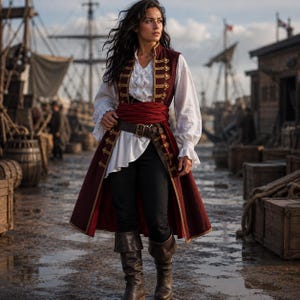 May include: A long burgundy coat with gold trim and buttons worn over a white long-sleeved shirt with ruffled cuffs. A dark red sash is tied around the waist, secured by a brown leather belt with a buckle. Black trousers and brown leather boots.