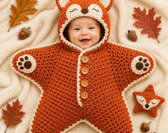May include: A star-shaped, burnt orange crochet bunting with a fox hood featuring cream-colored accents, four wooden buttons down the center, and paw print details on the sleeves. A small matching fox-shaped crochet toy is included.