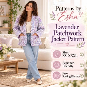 Patrón de costura para chaqueta patchwork lavanda / Abrigo acolchado para mujer / Chaqueta para principiantes / XS–XXXL / A4, Carta estadounidense + A0 / Descarga instantánea