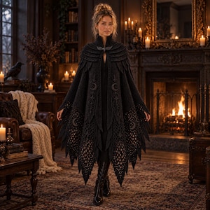 May include: A black, floor-length, knitted cape featuring a high collar, a silver-toned bird-shaped clasp, and intricate feather-like textures. The garment is adorned with embroidered crescent moon and star motifs, with a lattice-patterned hem.