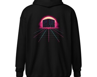 Server Sunrise Synthwave Cyberpunk Zip-Up Hoodie, Retro Vaporwave Techwear Jacket, Software Engineer Gift