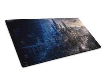 Fantasy ComputerVision Gaming Mouse Pad, Half Blueprint Castle AI Techwear Desk Mat, Gamer Setup