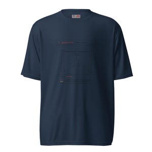 May include: A navy blue short-sleeve t-shirt featuring a graphic of a stick figure performing a pull-up on a bar. The text reads: Syntax Error: Form Invalid, Task: pull-up, Error: insufficient upper body strength, Hint: try lat pulldowns or assisted.