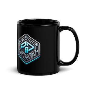 May include: A black ceramic mug featuring a hexagonal emblem on the side. The emblem displays a metallic silver circuit board pattern with a bright blue glowing center and a stylized geometric logo in the middle, set against the solid black mug.