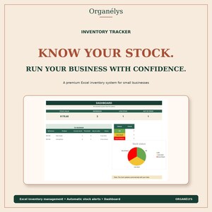 以下が含まれることがあります： Excel用のOrganélys在庫追跡ダッシュボード。インターフェースには、在庫価値、参照、低在庫、在庫切れの数が表示されます。再注文テーブルと、緑、黄、赤の色で在庫状況を示す円グラフが含まれています。
