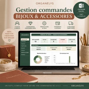 Peut inclure: Un ordinateur portable affichant un tableau de bord Excel intitulé Gestion commandes BIJOUX & ACCESSOIRES avec des tableaux de données, un graphique en secteurs et un histogramme. L'écran montre des indicateurs de suivi. Organélys est visible.