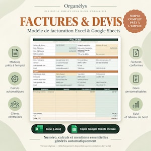 Modèle Facture Devis Google Sheets Excel, Auto Entrepreneur, Gestion Facturation TVA, Suivi Paiements